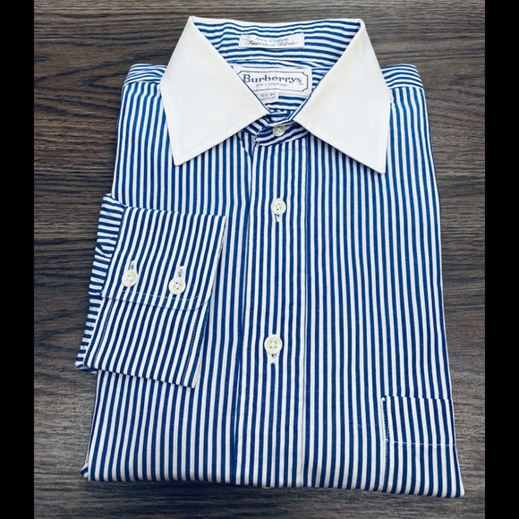 white collar blue striped dress shirt